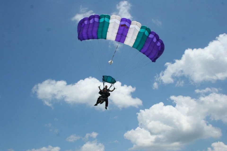 instructor hold toggles while under canopy with tandem student