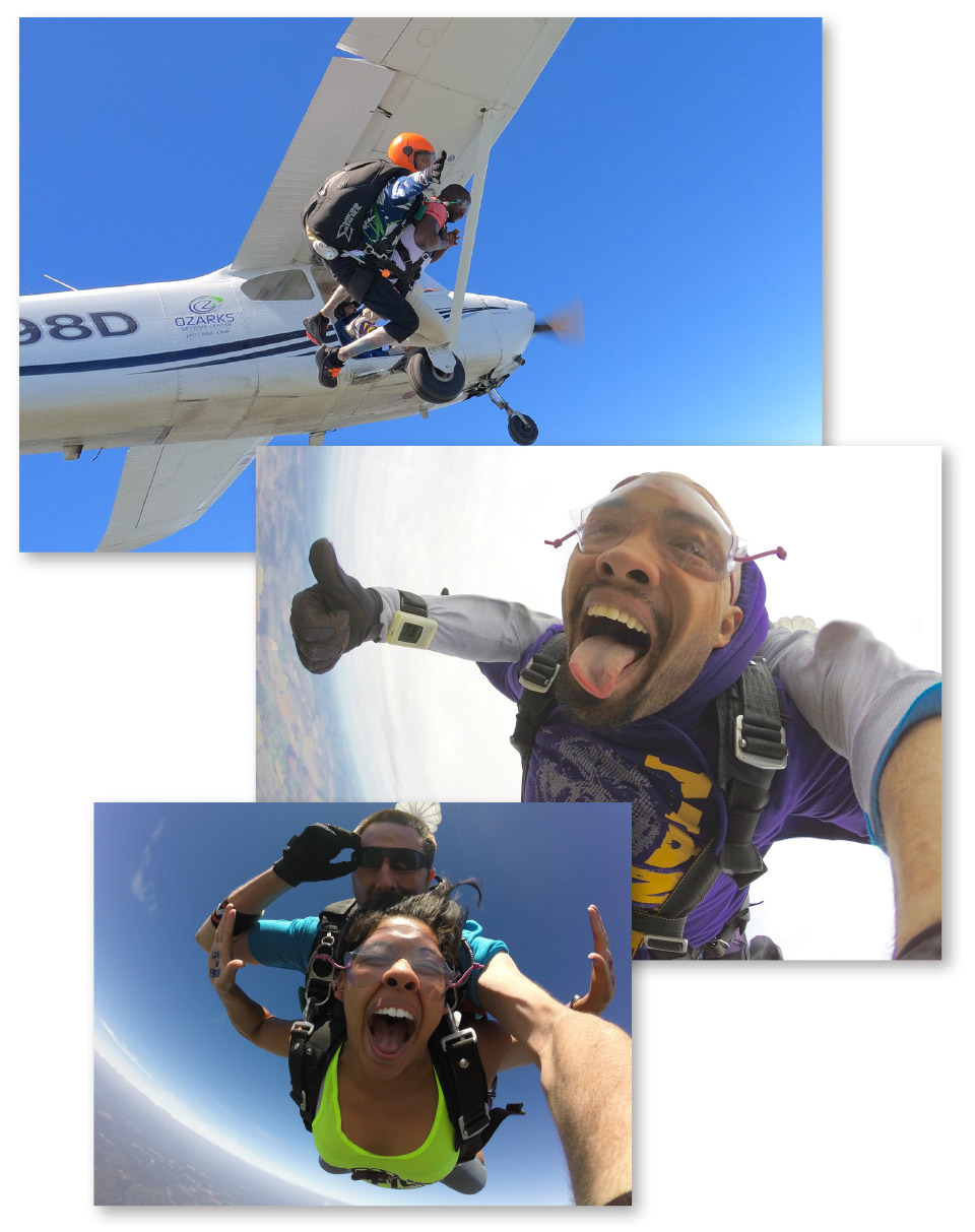 collage of first time tandem skydiving students