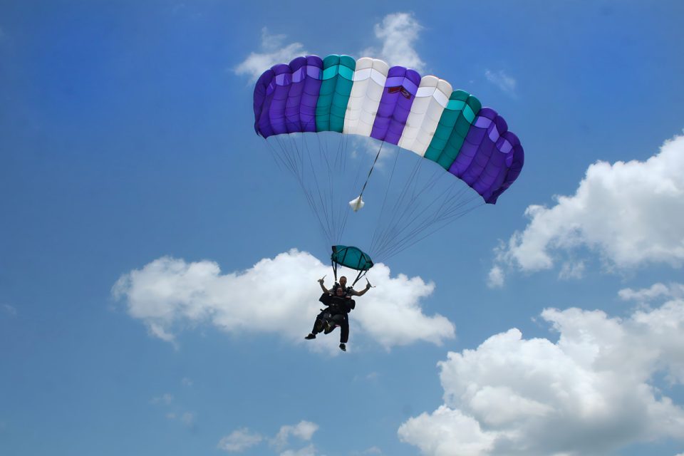 instructor hold toggles while under canopy with tandem student